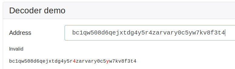 Screenshot of the bech32 interactive demo with the typo address above