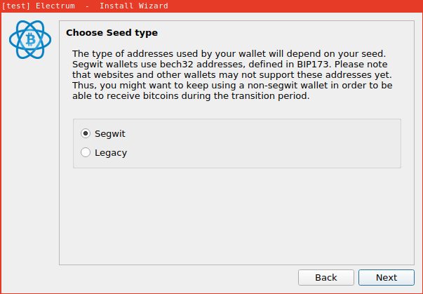 Dialog in Electrum allowing the user to choose the address type
and warning them that some services may not support bech32
addresses