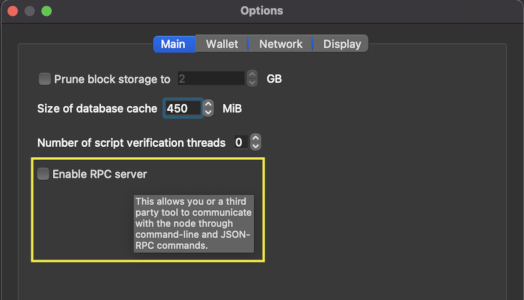 Screenshot of the Enable RPC server configuration option